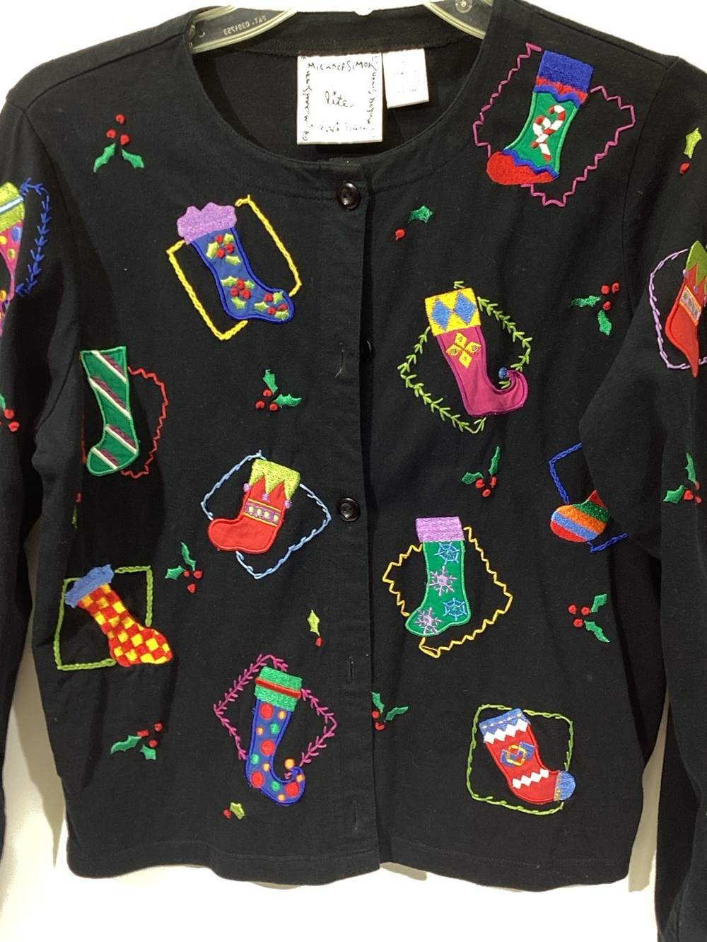 Michael Simon Lite Embroidered Whimsical Cardigan Christmas Stockings Small